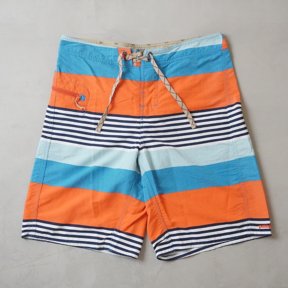 Patagonia Board Shorts 32 Mens Orange Blue Striped Swim Trunks Nylon Surf